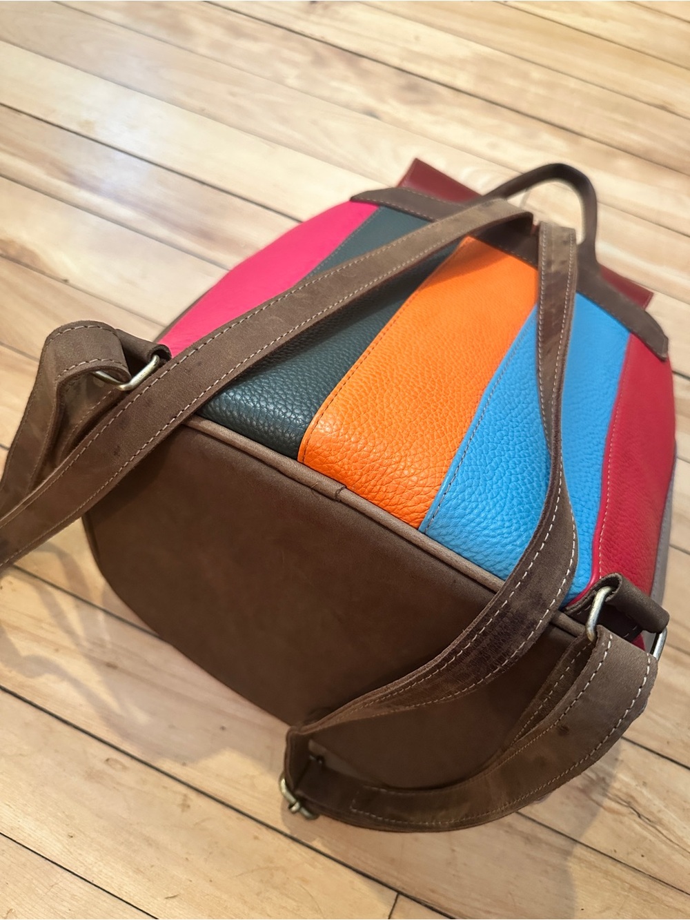 Multicolor Leather Patchwork Drawstring Backpack - Pink/Maroon - Picture 3 of 9